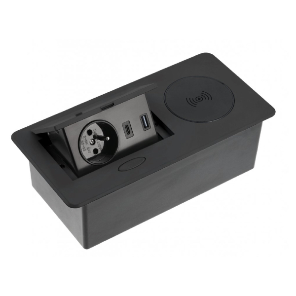 28188-1 Zásuvka výklopná ZEOBOX 1,5m čierna - USB-C, USB-A, 230V, indukčná nabíjačka