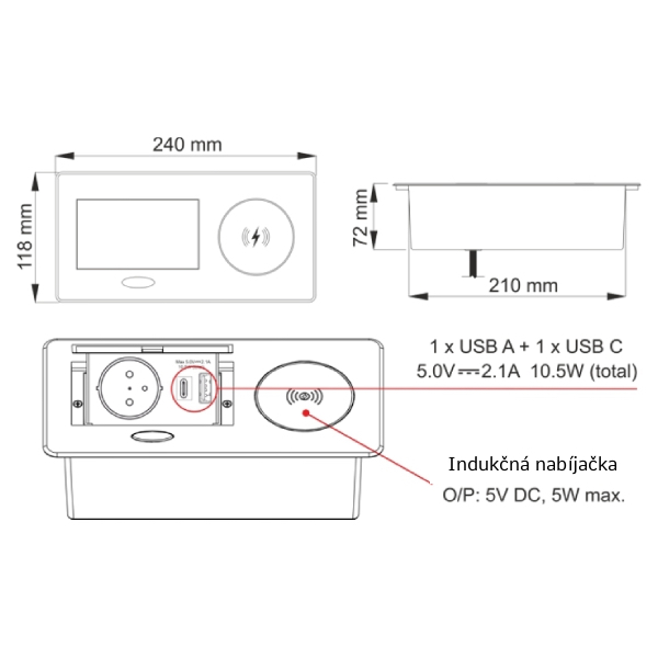 28188_b-1 Zásuvka výklopná ZEOBOX 1,5m čierna - USB-C, USB-A, 230V, indukčná nabíjačka