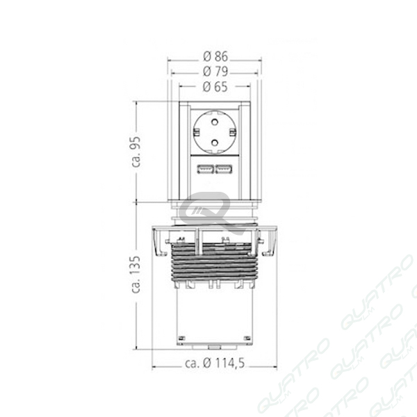 Zásuvka ELEVATOR výsuvná 1x230V, 2xUSB (5,2V/2,15A) nerez BACHMANN 928.020