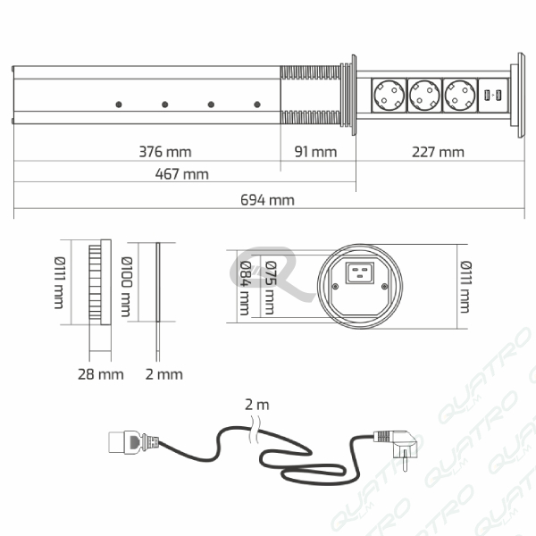 Zásuvka výsuvná LIFT BOX USB automatická SCHUKO čierna