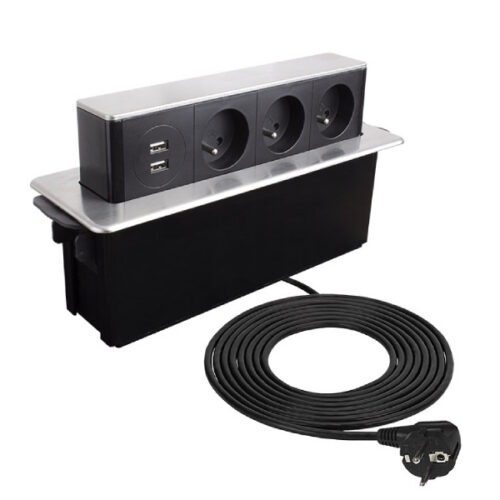 Zásuvka HOP BOX USB A/A + 3x230V 2m brúsená oceľ