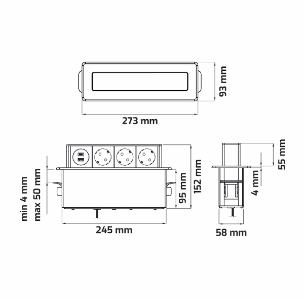 28322_d Zásuvka HOP BOX USB A/A + 3x230V 2m brúsená oceľ