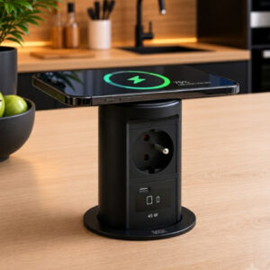 Zásuvka ELEVATOR 2 výsuvná 1x230V, 1xUSB C/C 45W, bezdrôotová nabíjačka Qi2 čierna BACHMANN BM002051