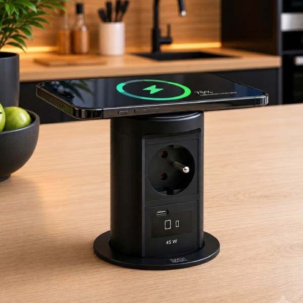 Zásuvka ELEVATOR 2 výsuvná 1x230V, 1xUSB C/C 45W, bezdrôotová nabíjačka Qi2 čierna BACHMANN BM002051