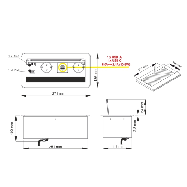 Zásuvka výklopná INBOX strieborná - 2x230V + USB C/A + RJ45 + HDMI